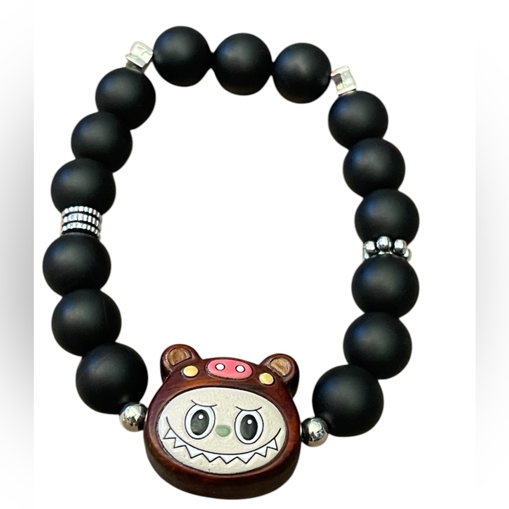 Black Obsidian with Labubu Charm Beaded Bracelet